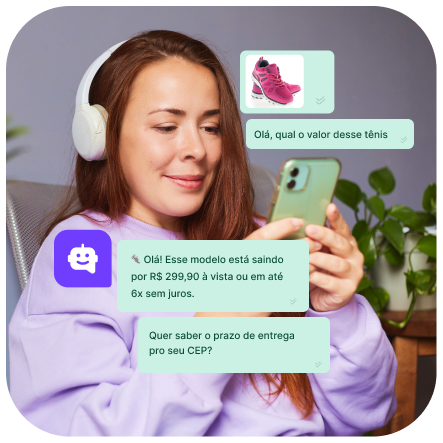Automação com whatsapp: CRM de marketing com automação com IA. imagem de uma mulher conversando com um agente de IA no whatsapp para comprar um produto